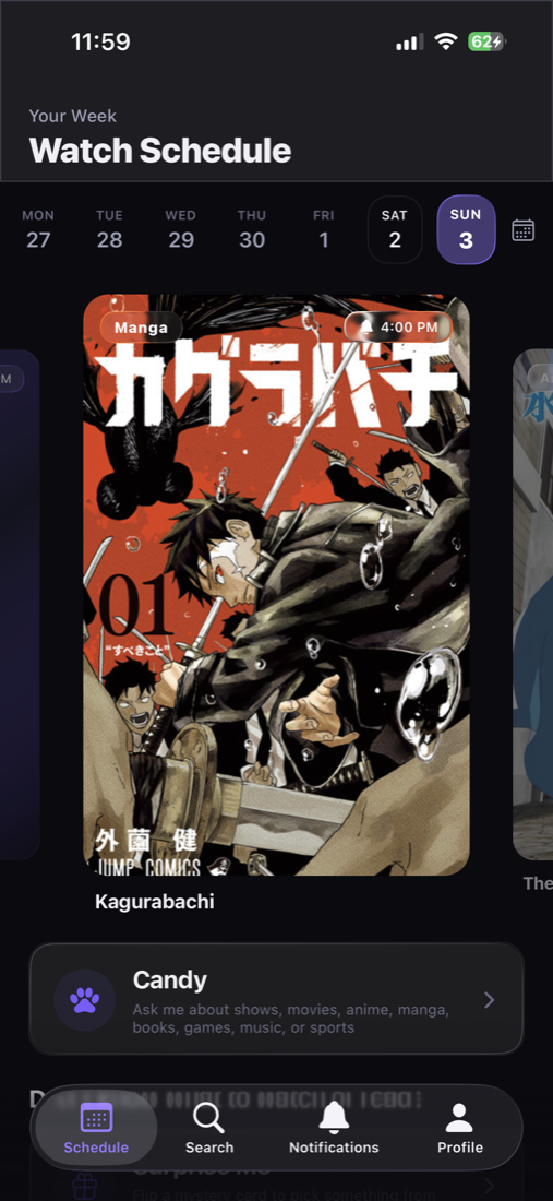 EyeCandy weekly Watch Schedule with Kagurabachi manga selected for Sunday.