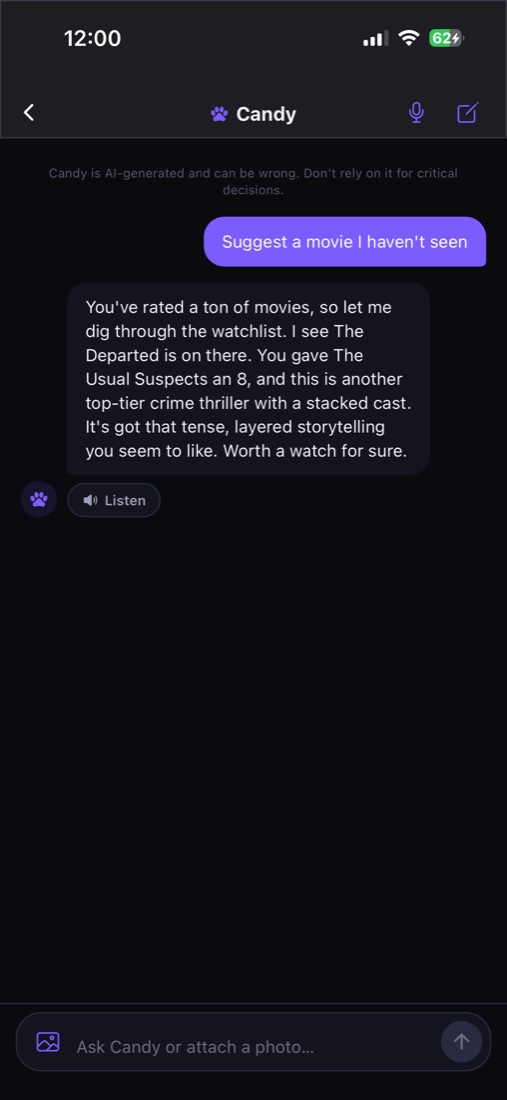 Candy AI chat. User asks Suggest a movie I haven't seen. Candy replies referencing The Departed rated 8 and The Usual Suspects, recommending another top-tier crime thriller with a stacked cast.