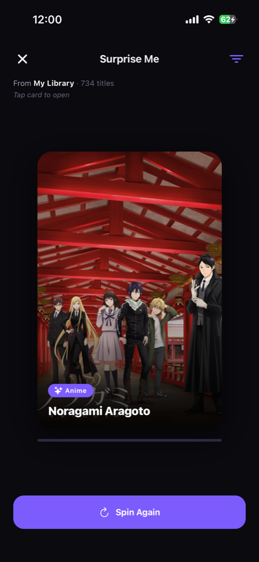Surprise Me random pick. Noragami Aragoto anime card from 734 titles in your library.