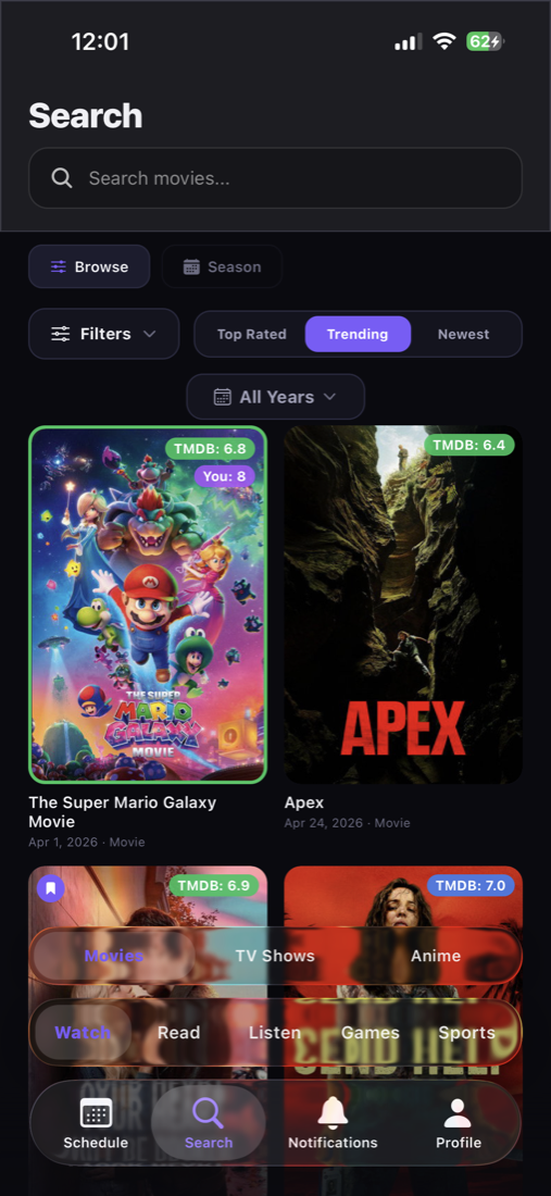 EyeCandy universal search with Trending sort across all media types.
