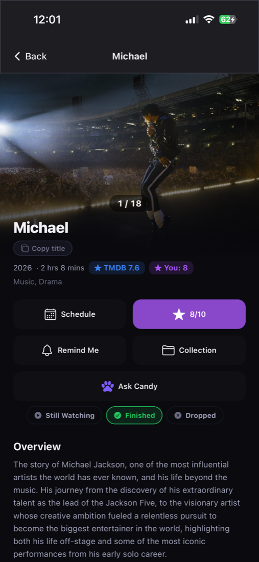 Movie detail for Michael (2026). 2 hrs 8 mins. TMDB 7.6 vs You 8. Schedule, Remind Me, Collection, Ask Candy.
