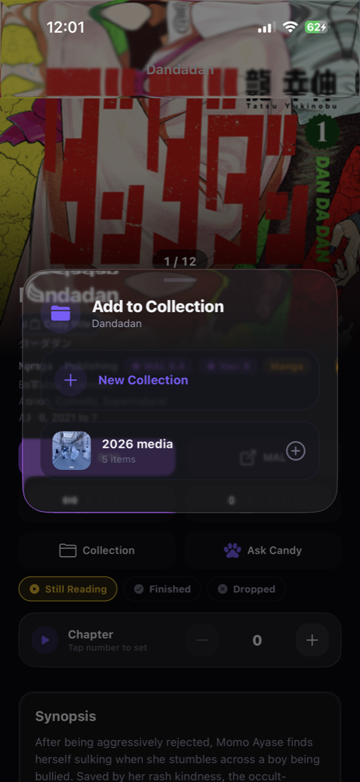 Manga detail showing Add to Collection sheet with New Collection option and 2026 media.