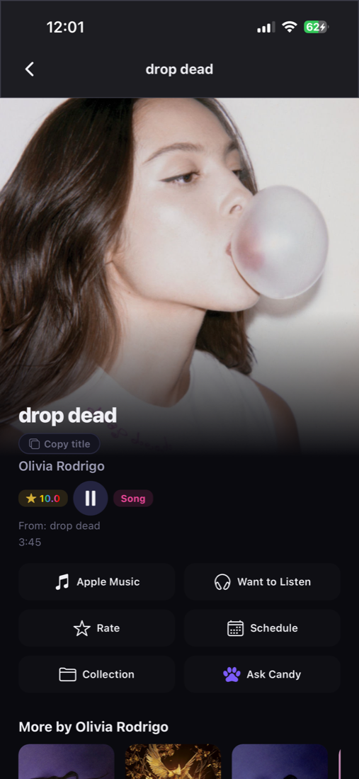 Music detail for drop dead by Olivia Rodrigo. 10/10 rating, 3:45 song duration, Apple Music, Want to Listen, Schedule, Collection, Ask Candy.