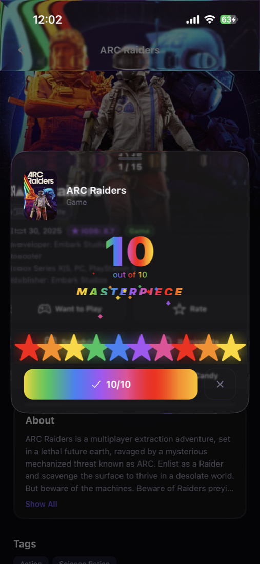 ARC Raiders game detail with rainbow 10 out of 10 MASTERPIECE rating overlay.