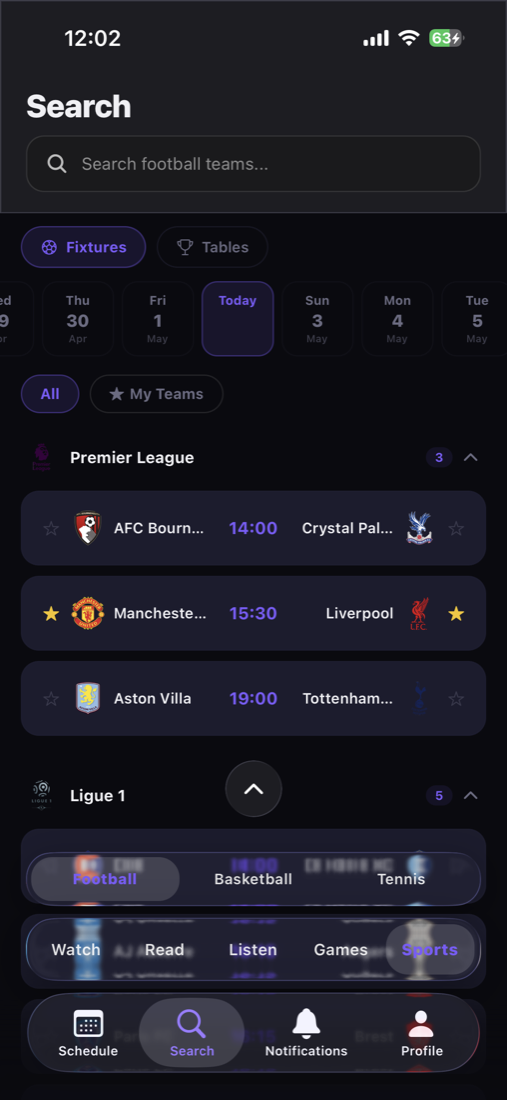 Sports tab with Premier League fixtures: AFC Bournemouth vs Crystal Palace 14:00, Manchester United vs Liverpool 15:30 starred, Aston Villa vs Tottenham 19:00.