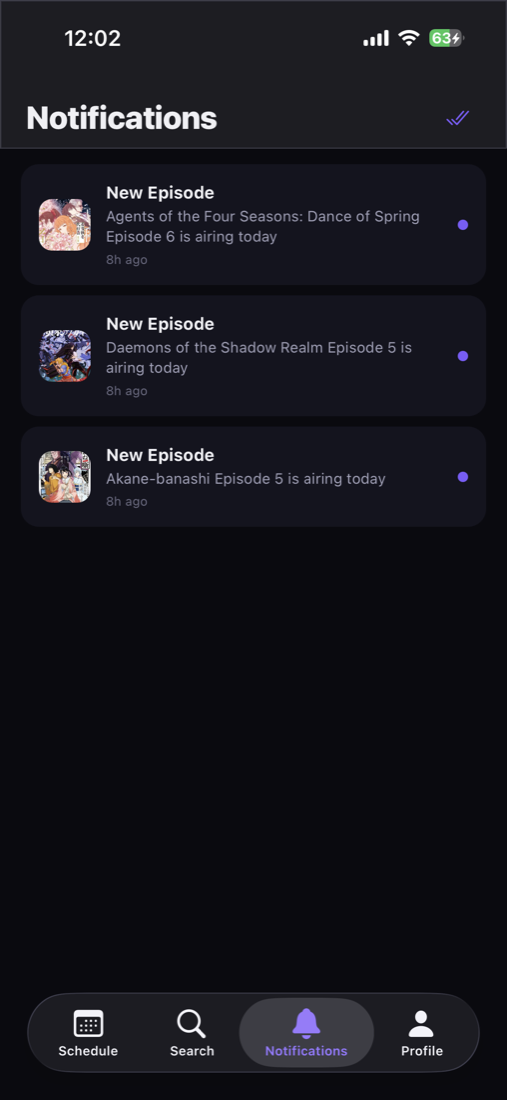 Notifications inbox showing New Episode alerts for Agents of the Four Seasons, Daemons of the Shadow Realm, Akane-banashi, all airing today.