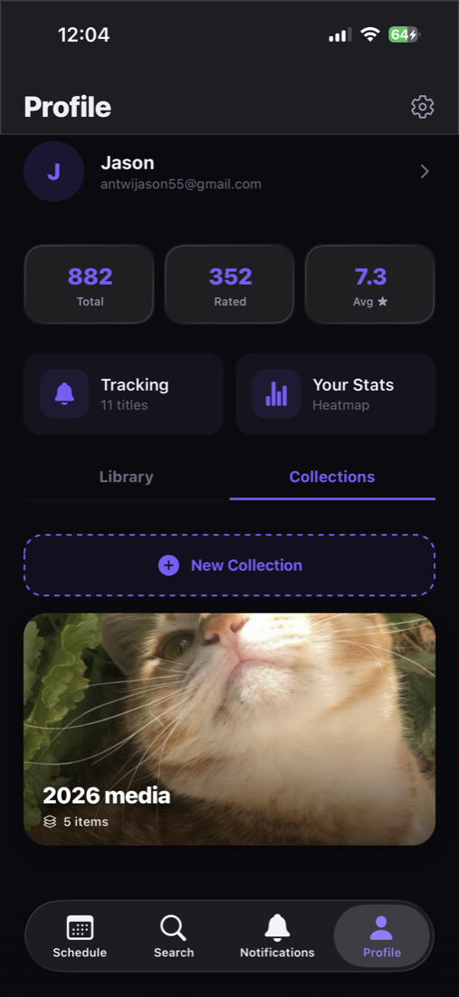 Profile tab for Jason. 882 Total, 352 Rated, 7.3 Avg rating. Tracking 11 titles. Library and Collections tabs. 2026 media collection at bottom.