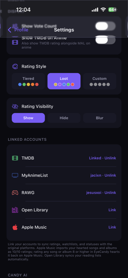 Settings showing Linked Accounts: TMDB, MyAnimeList linked as jacixn, RAWG linked as jesusxoi, Open Library, Apple Music. Rating Style and Visibility controls.