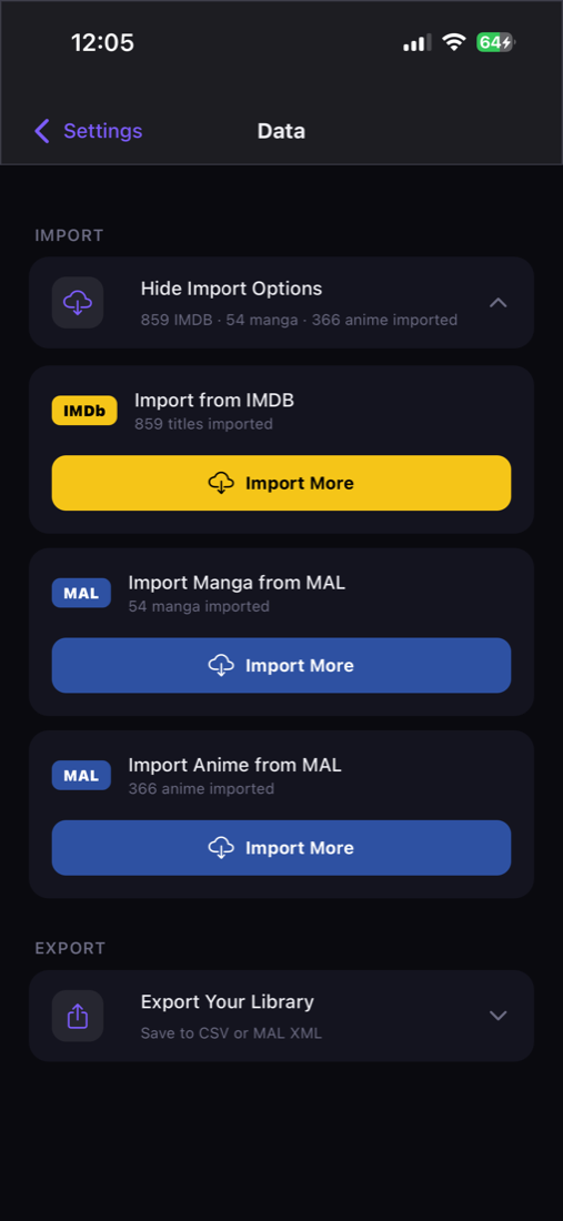 Data settings. 859 IMDB titles imported, 54 manga, 366 anime. Import buttons for IMDB, MAL Manga, MAL Anime. Export to CSV or MAL XML.
