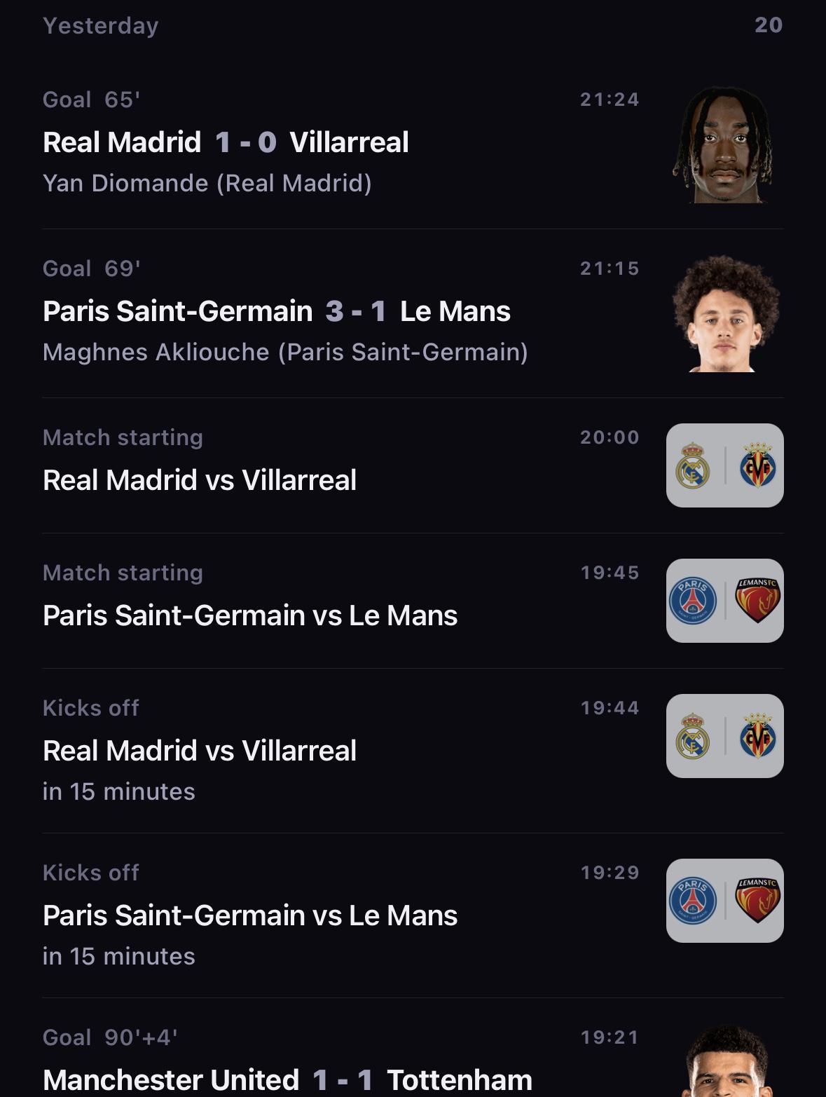 EyeCandy's notifications: goals in Real Madrid against Villarreal and Paris Saint-Germain against Le Mans, and kick-off alerts.