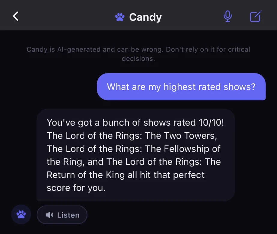 A chat with Candy. Asked for the highest rated shows, Candy names the three Lord of the Rings films the owner rated 10 out of 10.