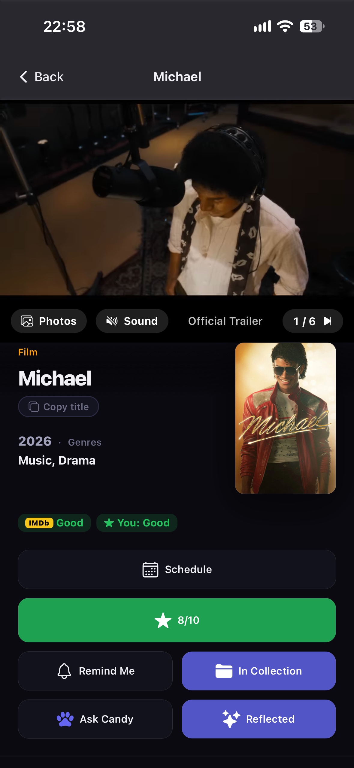 The page for the film Michael in EyeCandy, with its trailer playing at the top, an IMDb score and the owner's own rating of 8 out of 10.