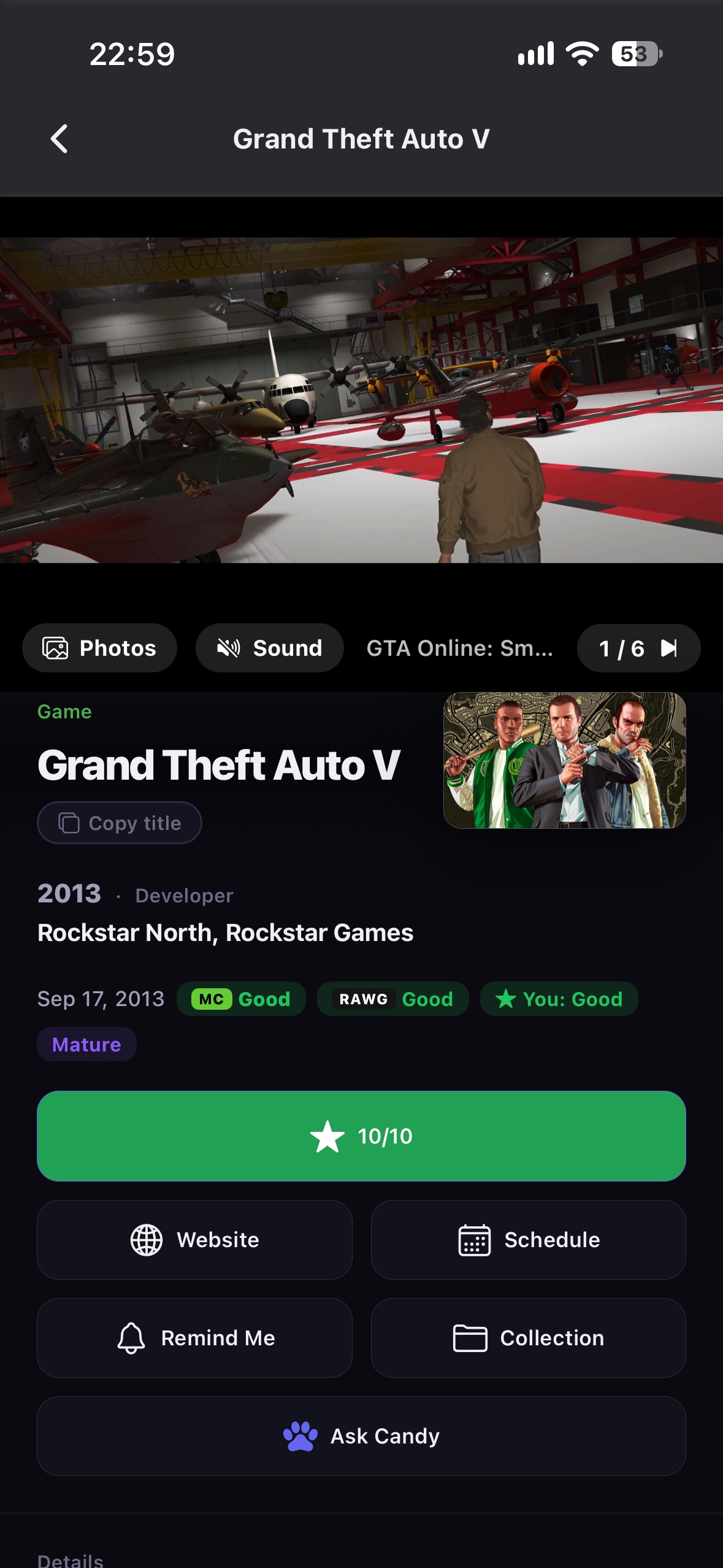 The game Grand Theft Auto V with a gameplay trailer, Metacritic and RAWG scores, and a 10 out of 10 rating.