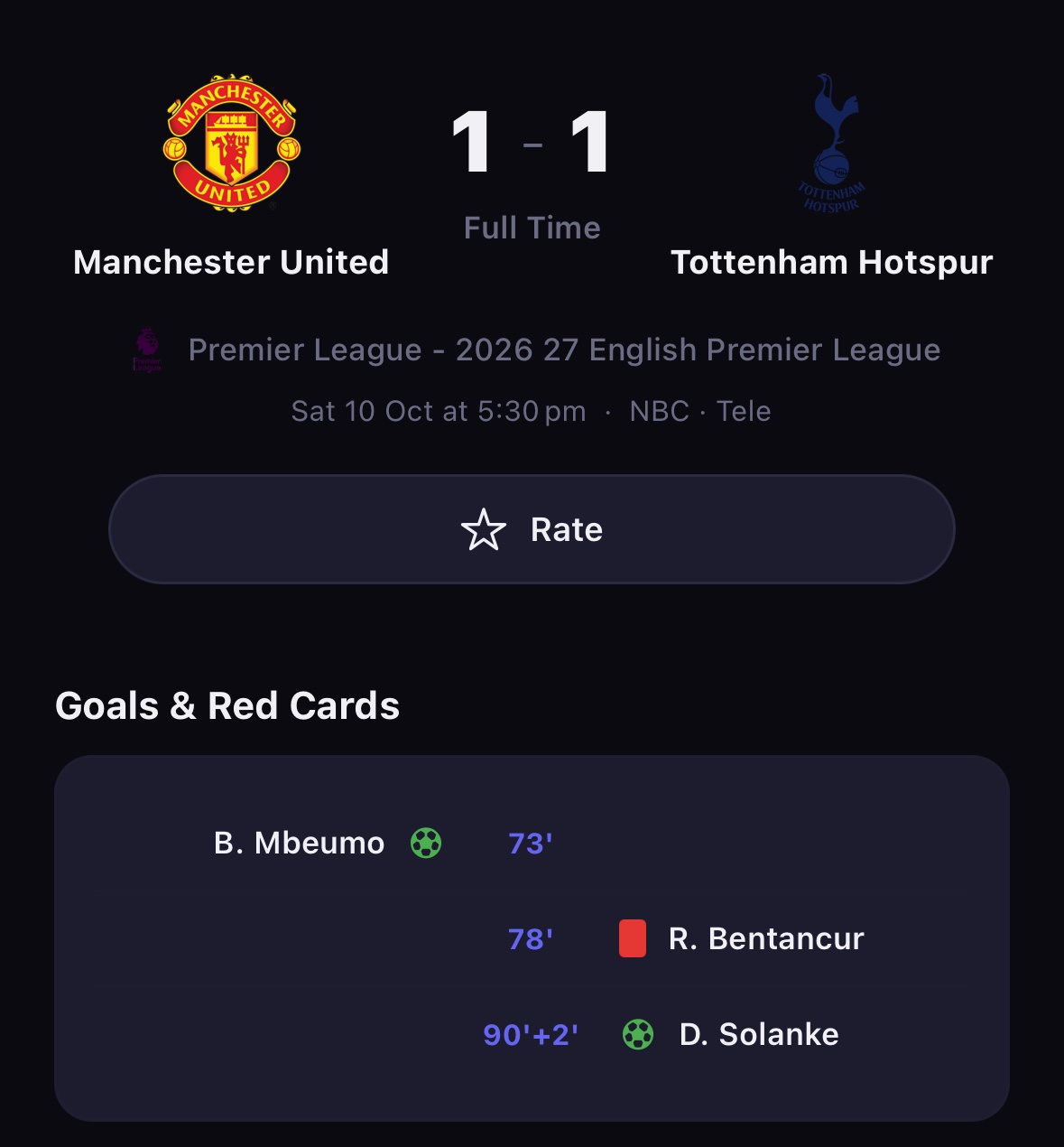 The page for Manchester United 1, Tottenham Hotspur 1, full time, with Mbeumo's goal, Bentancur's red card and Solanke's equaliser.