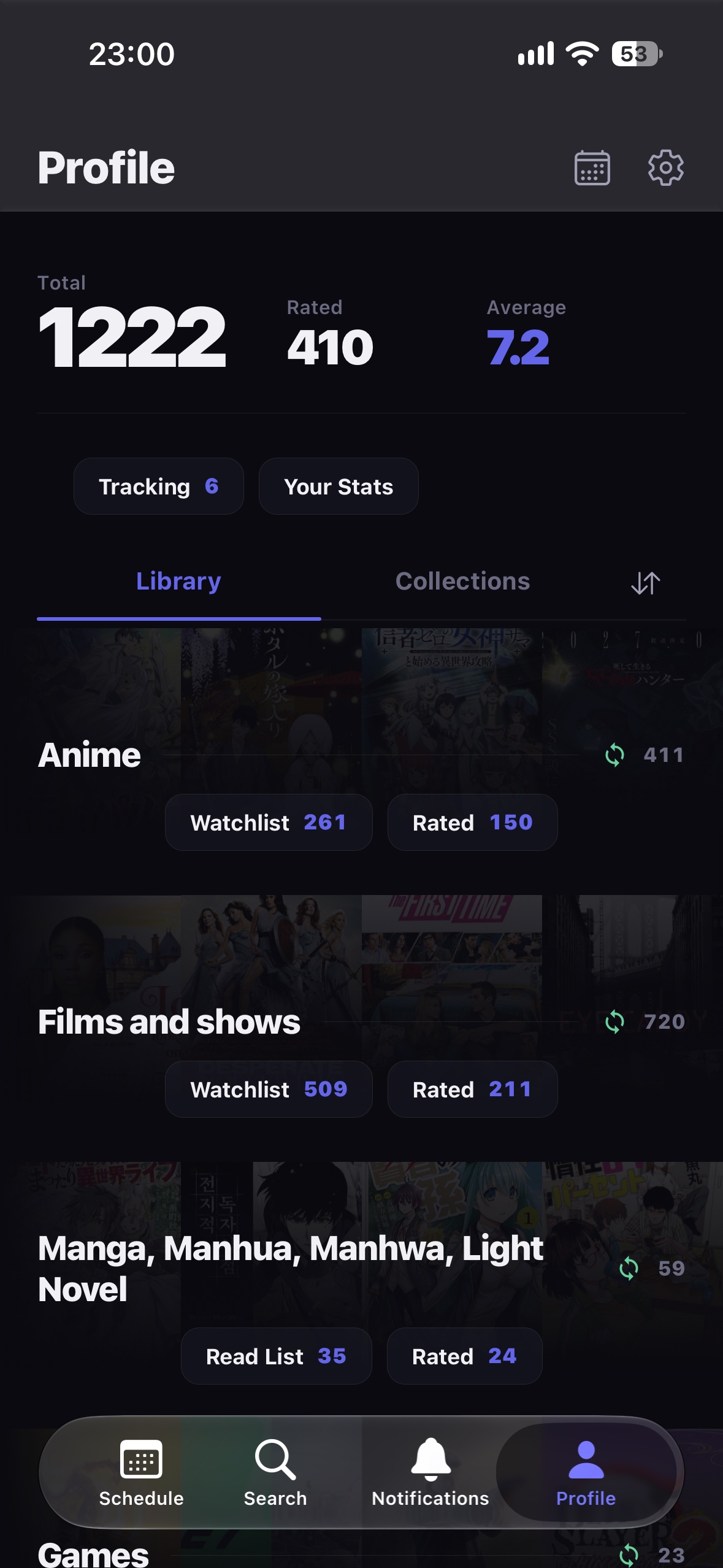 The Profile: 1,222 titles, 410 rated, average 7.2, with Watchlist and Rated counts for anime, films and shows, and manga.