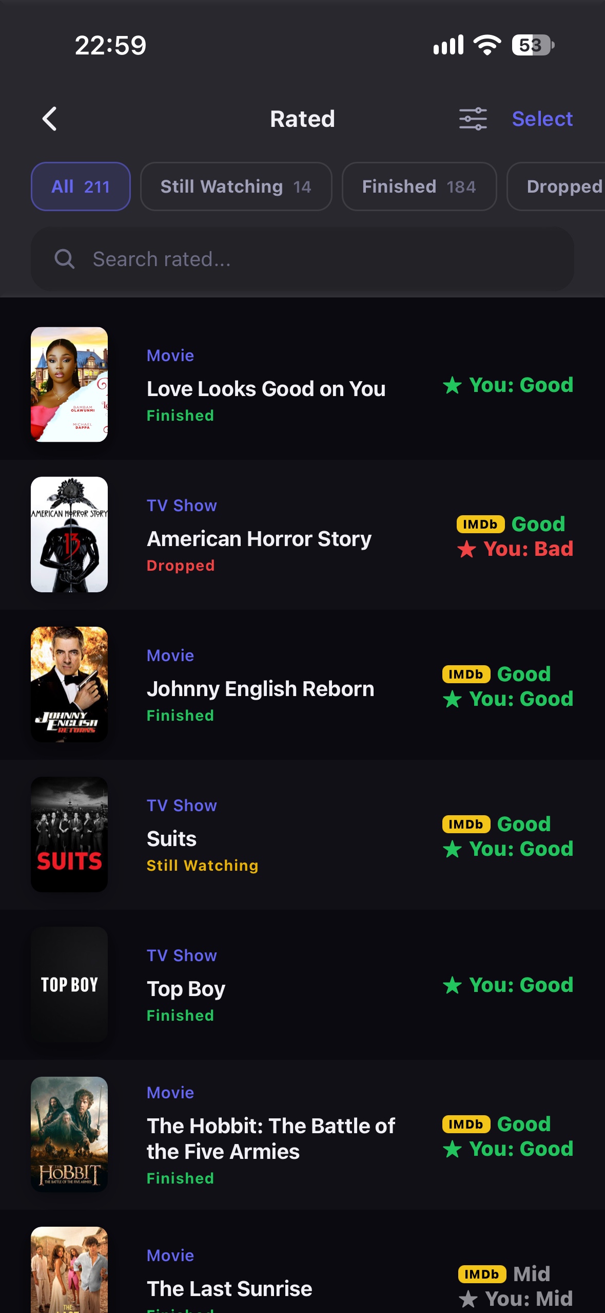 The Rated list: 211 films and shows, filters for Still Watching, Finished and Dropped, each row with its IMDb score and the owner's own.