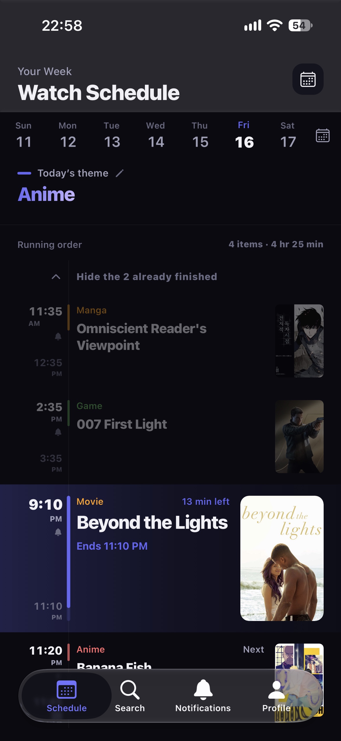 The Watch Schedule for Friday 16 October with the day's theme, Anime, and four items in running order.