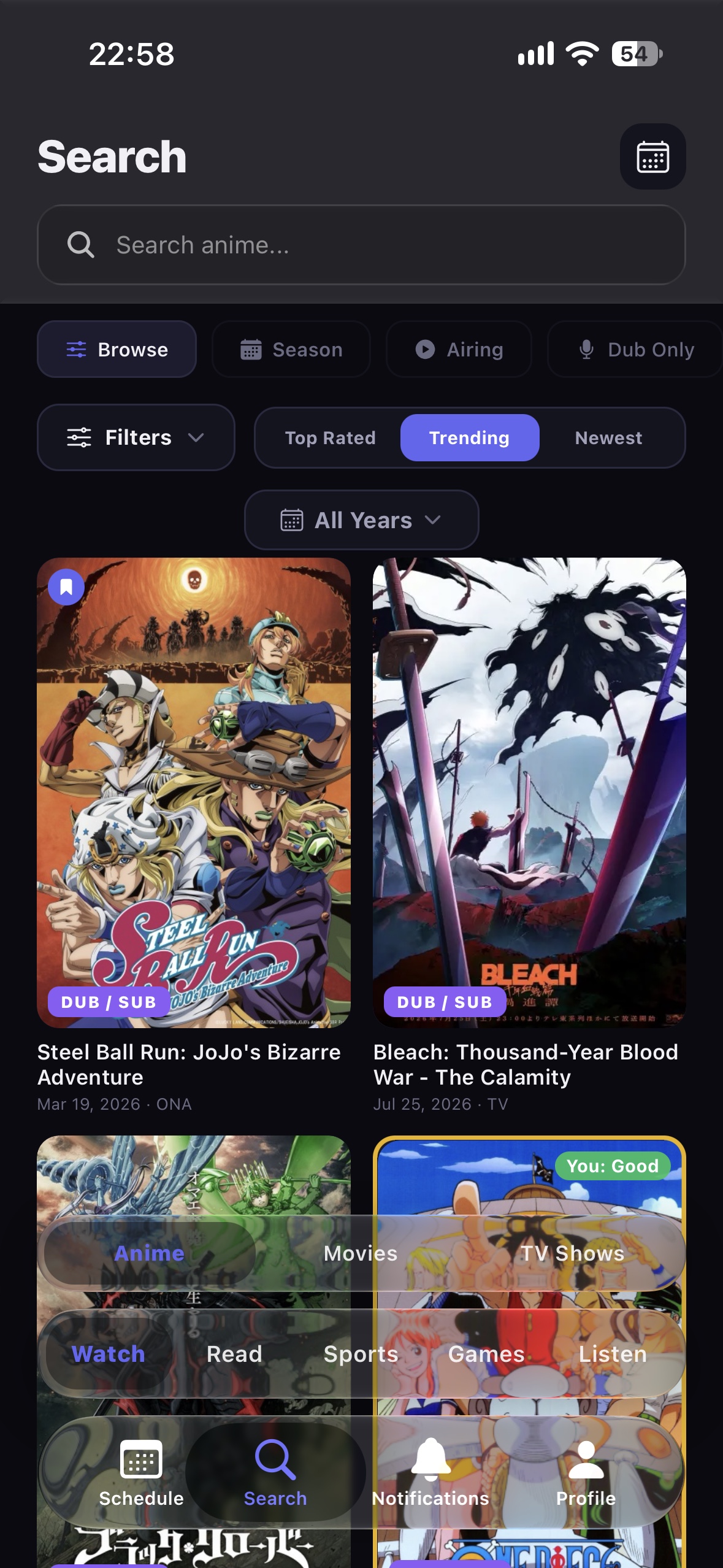 Search, on Anime, sorted by Trending: Steel Ball Run and Bleach: Thousand-Year Blood War at the top.